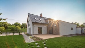 Une maison moderne avec un toit en pente, une allée pavée et une pelouse bien entretenue.