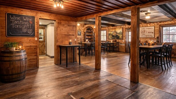 A rustic interior with wooden beams, a chalkboard sign, tables, chairs, and a bar area. - Saratoga Vineyard + Private Golf Course + Tavern - Sleeps 25 (Greenwich)