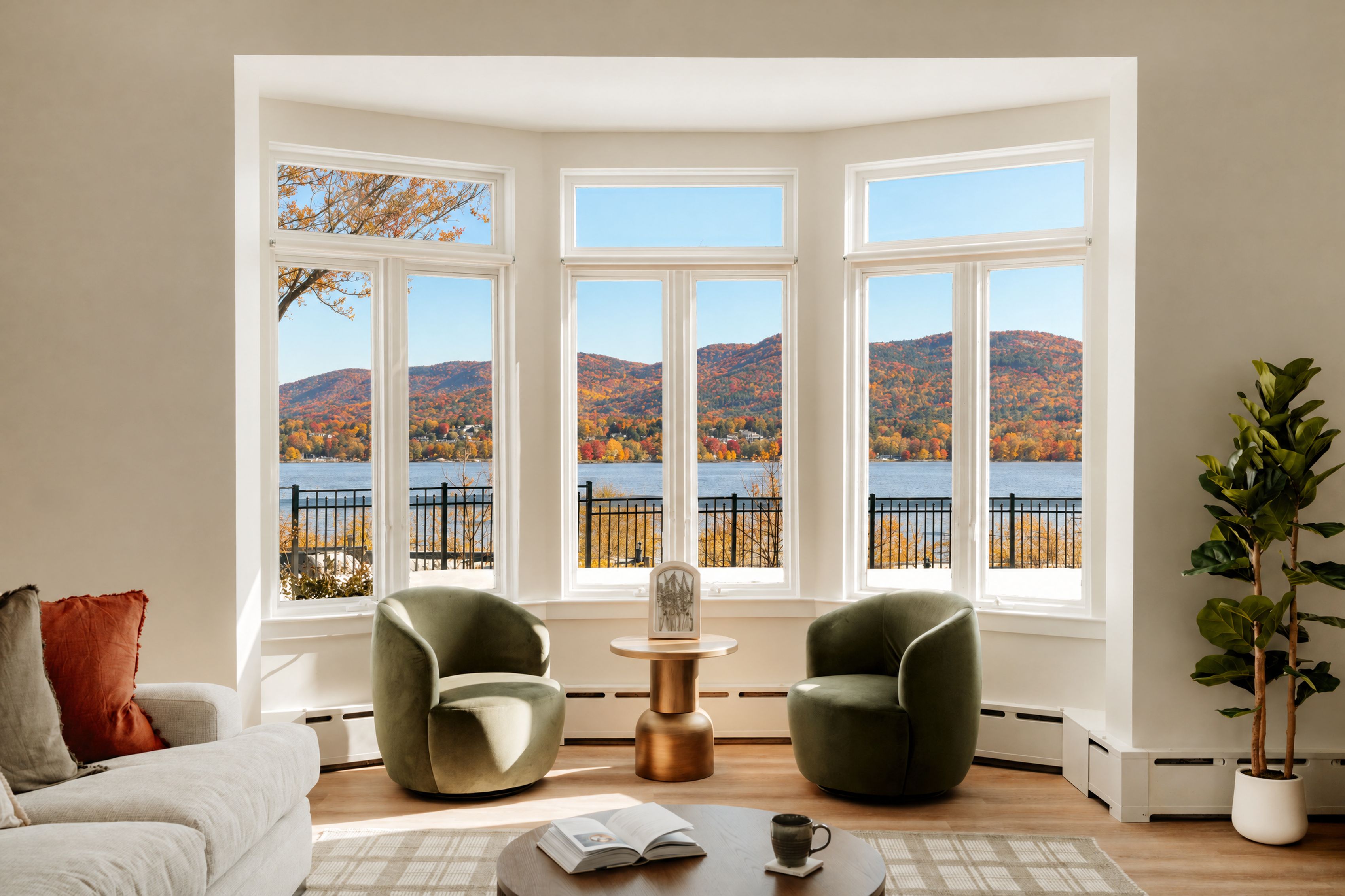 Habitación con ventana saliente con vistas a un lago y follaje otoñal, con dos sillones verdes, una mesita y una planta en maceta.