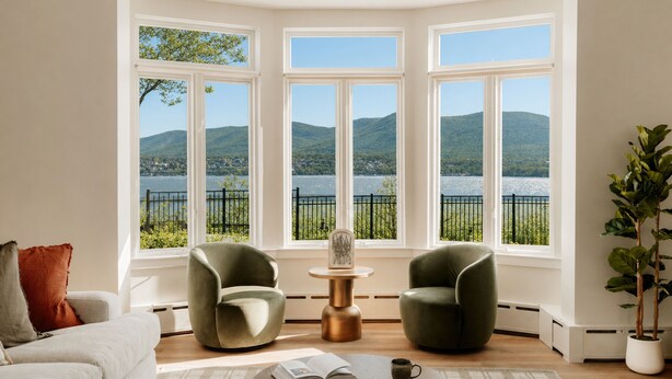 A room with a large bay window, two green armchairs, a small round table, a white sofa, and a potted plant.