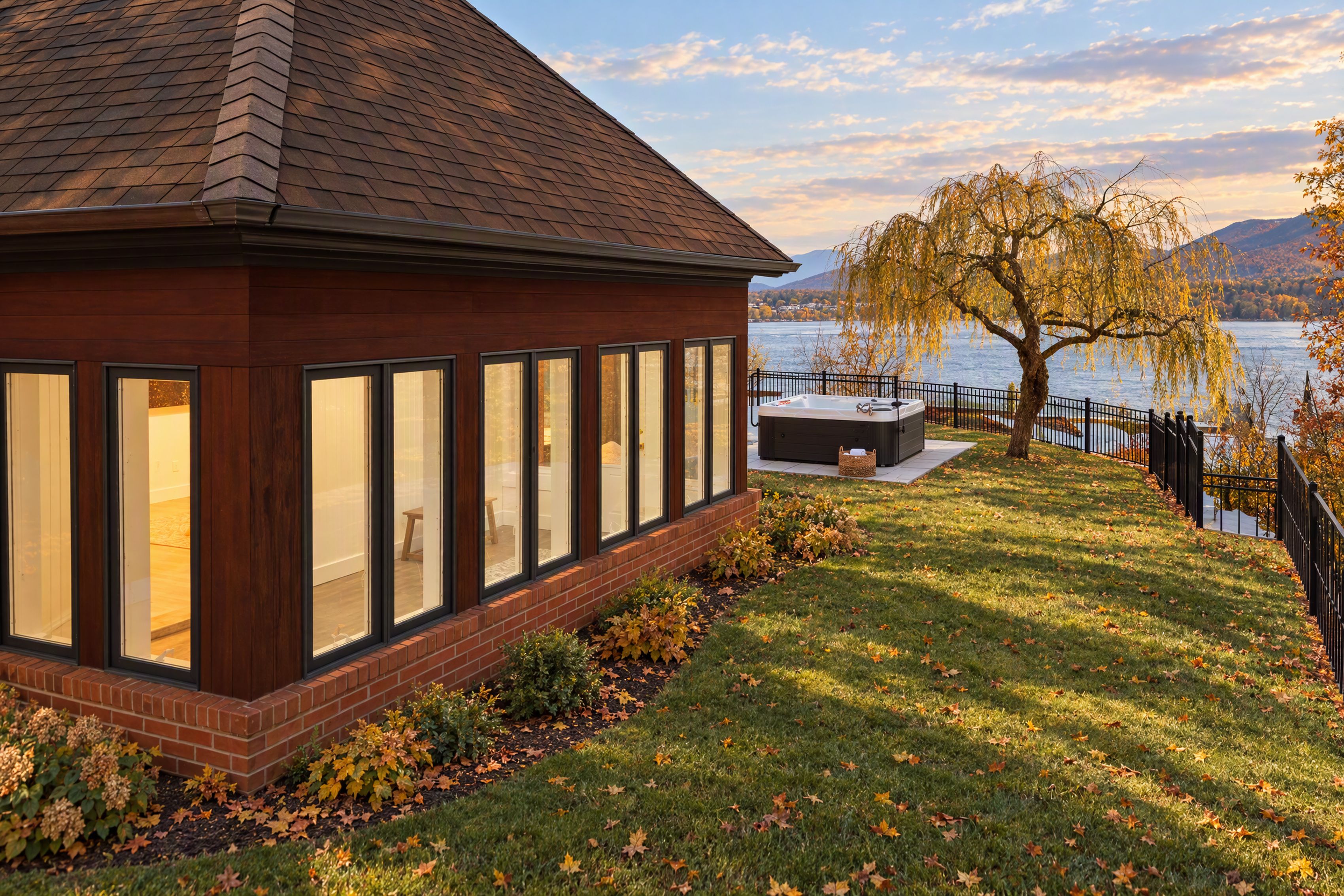 Sunroom exterior w/ hot tub in background