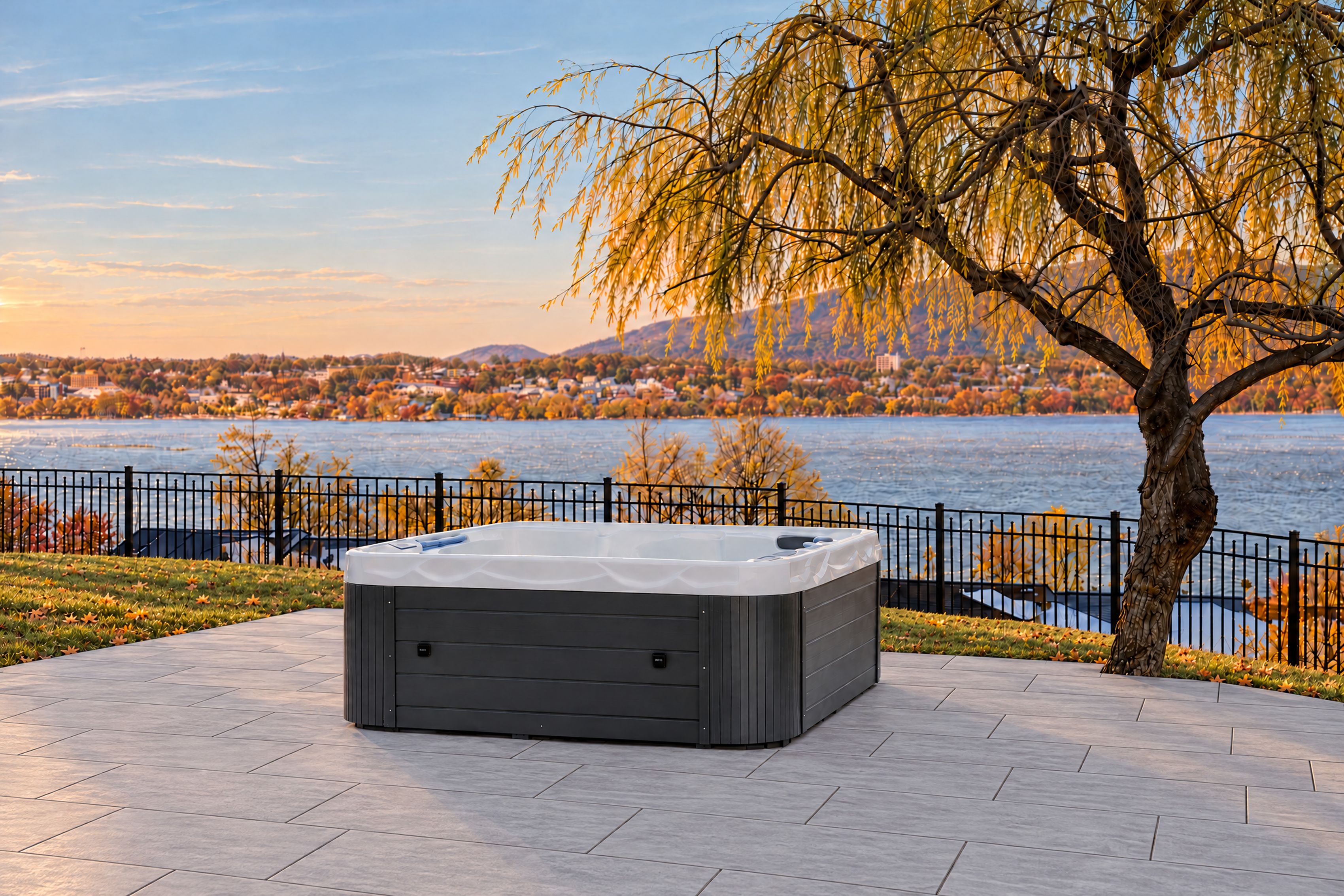 Un jacuzzi en un área pavimentada con vista a un lago y un árbol.