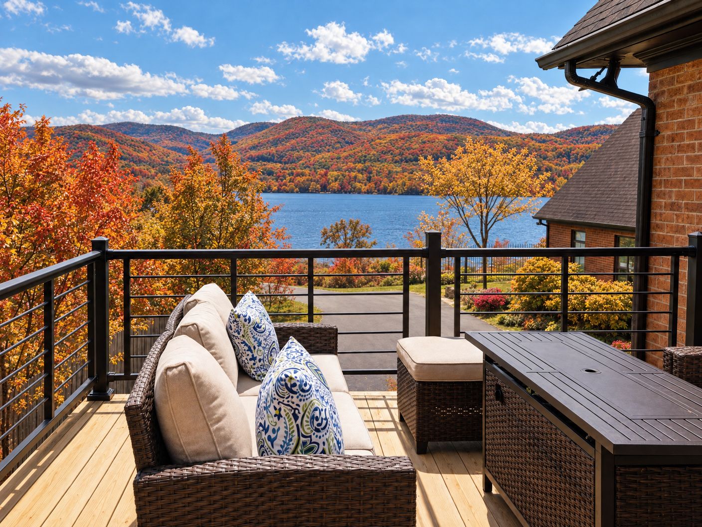 A deck with wicker furniture and a view of a lake and mountains.