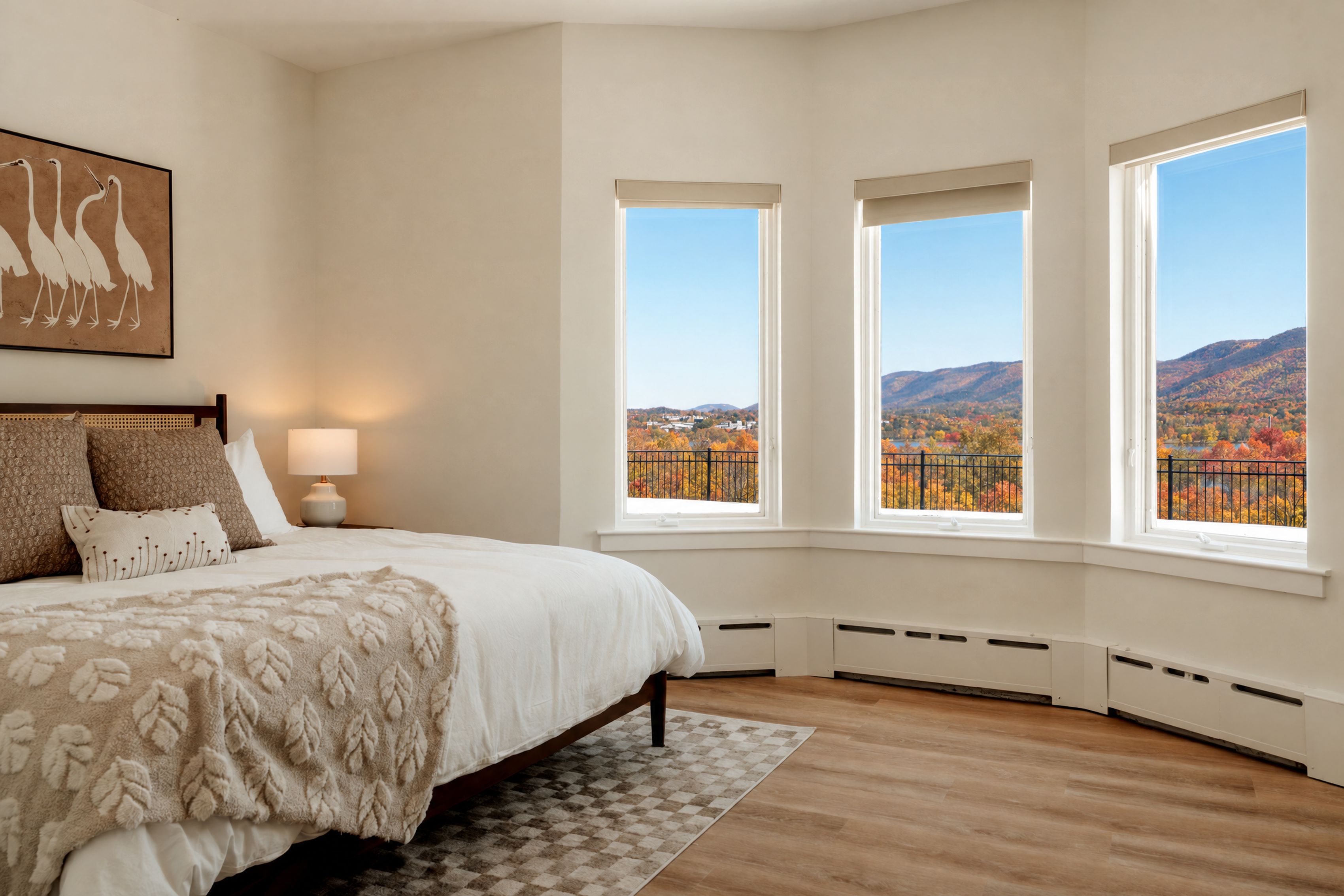 Une chambre avec un grand lit, une vue sur le feuillage automnal par les fenêtres et un tableau accroché au mur.