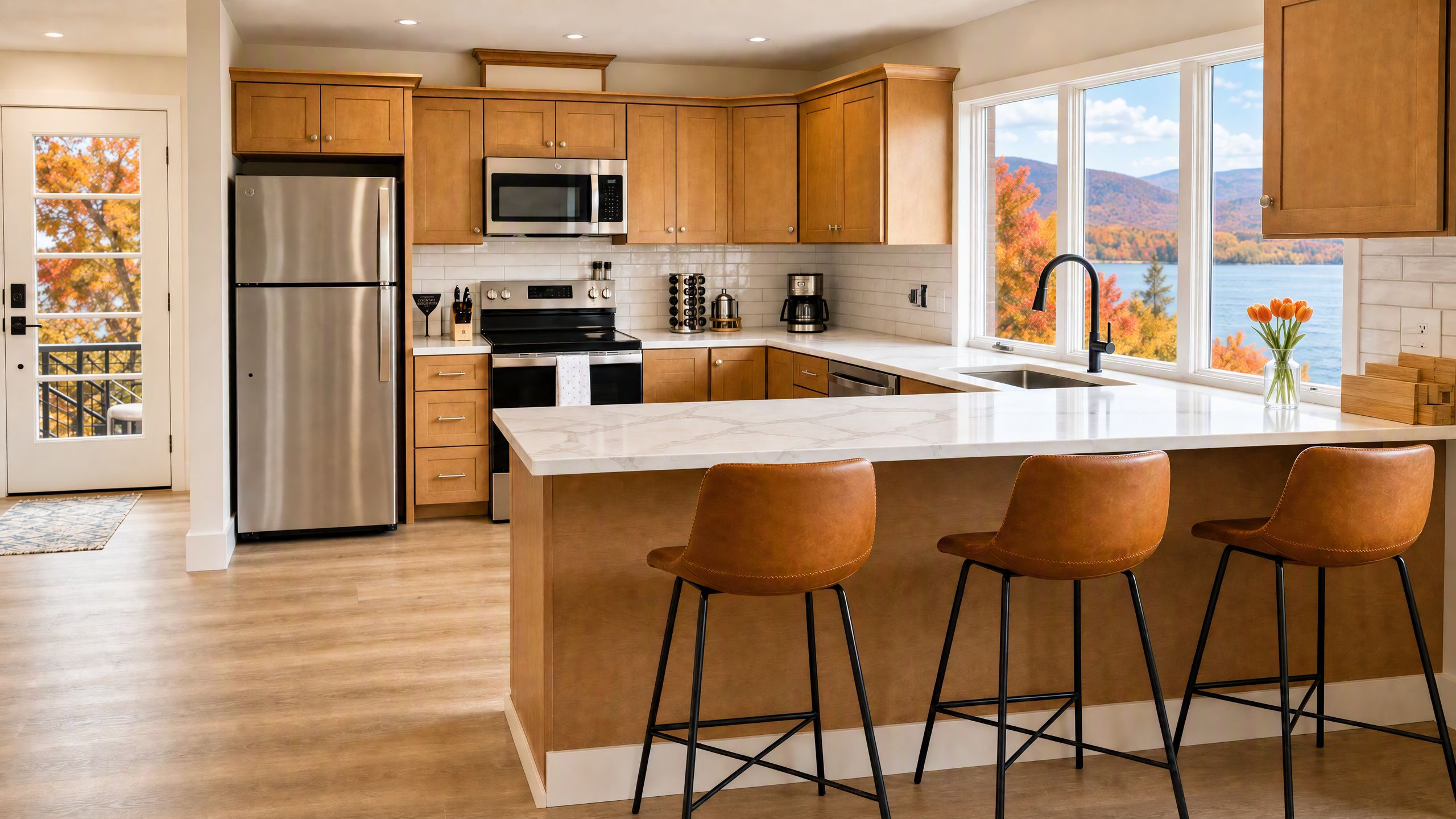 A modern kitchen with a large island, stainless steel appliances, wooden cabinets, and a view of autumn foliage.