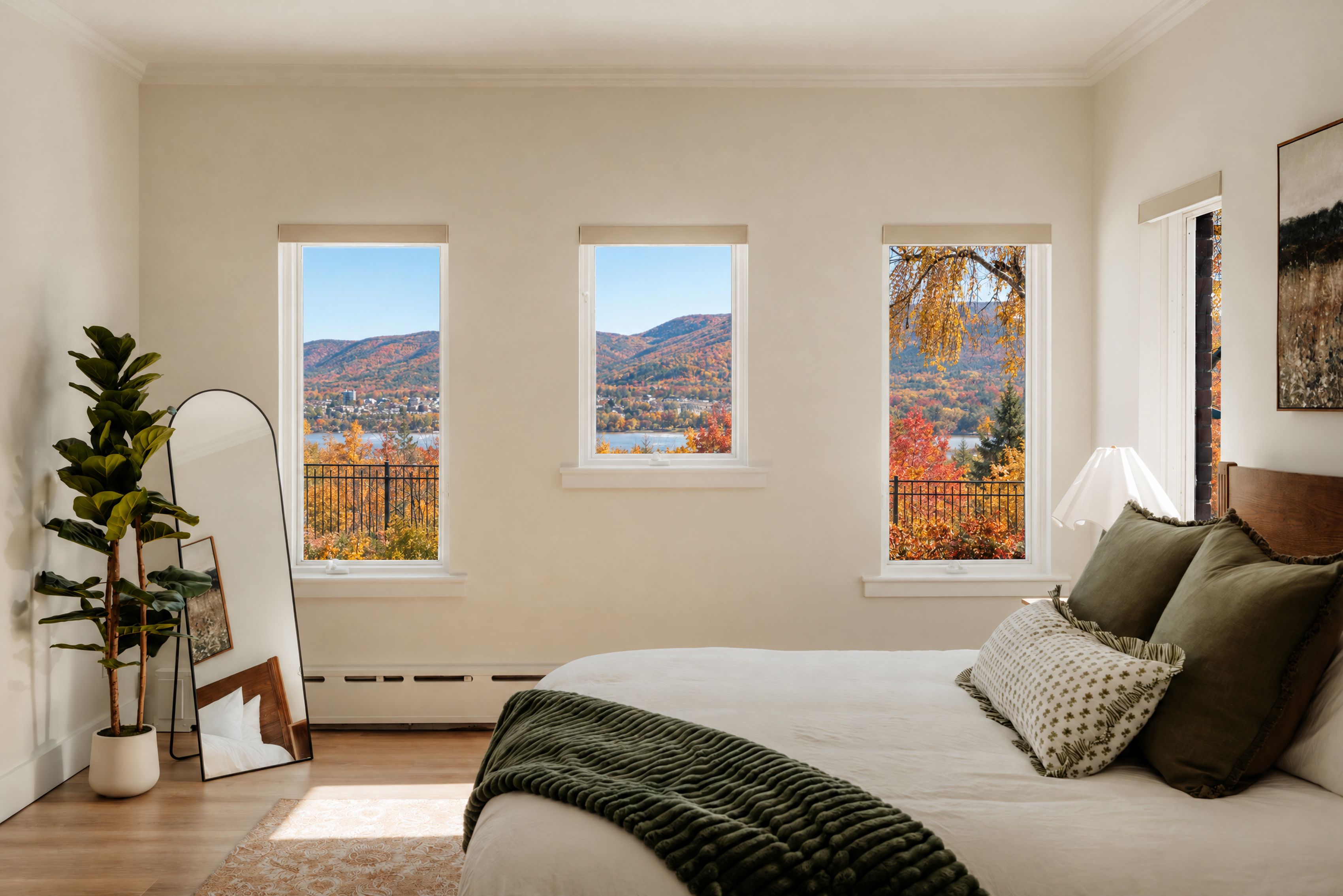 A bedroom with a large bed, three windows, a potted plant, and a painting on the wall.