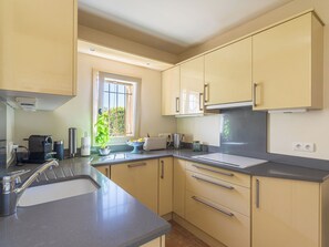 Una cocina moderna con pileta, encimera y alacenas.