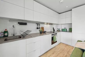 A modern kitchen with white cabinets, a stainless steel sink, a black drying rack, and a green kettle. - Fully furnished 1-bedroom apartment in a prime Wembley location (Wembley)
