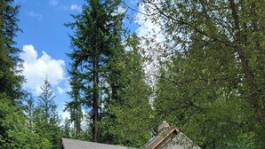 A two-story house with a red door, multiple windows, and a deck with outdoor furniture. - Eco-Garden: Rural Beauty in recreation heaven. (Central Kootenay E)