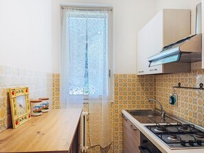 Een keuken met een gasfornuis, spoelbak en een raam met geëtste glas.