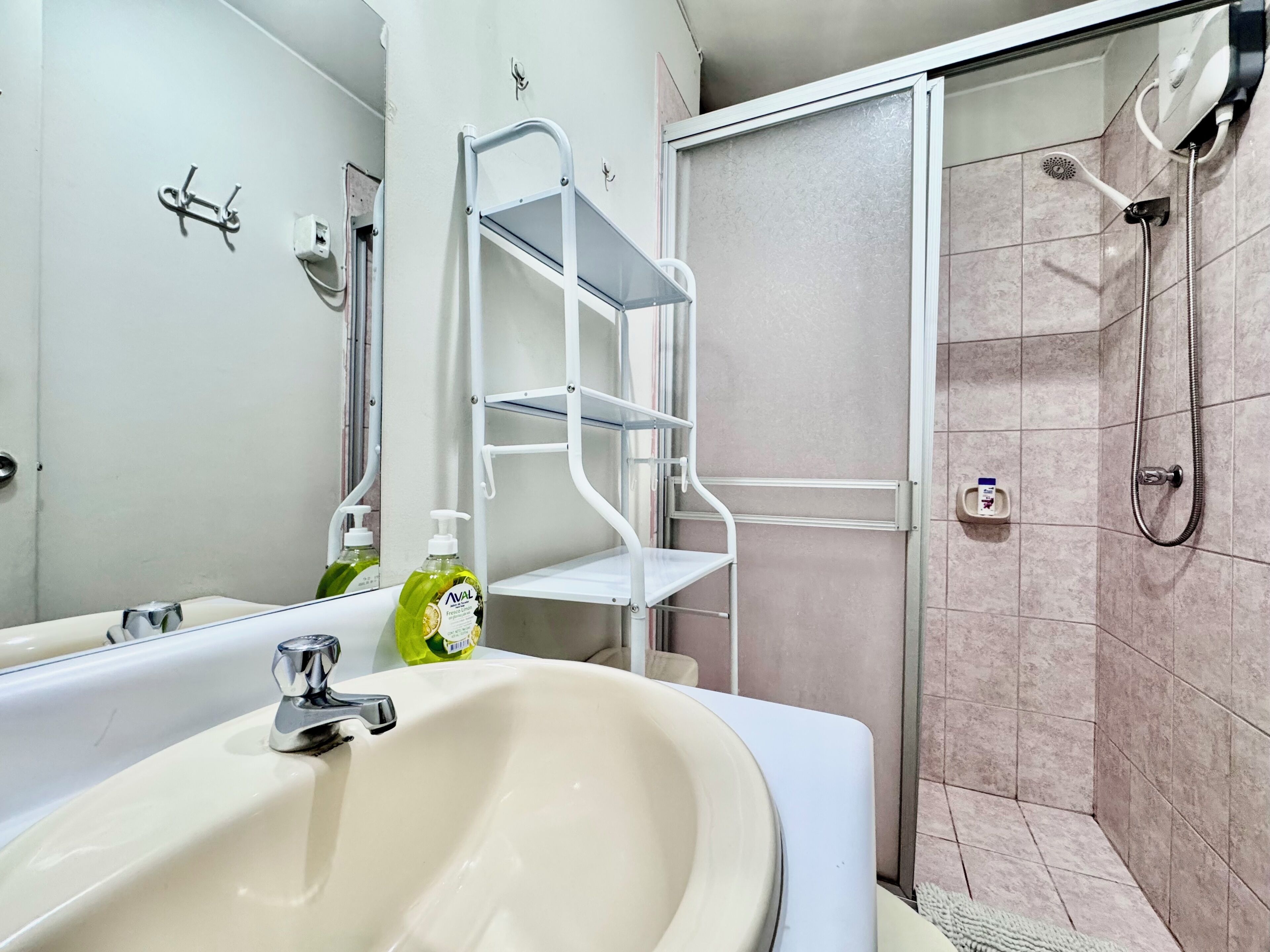 Shower, towels, soap, toilet paper