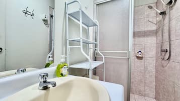 Shower, towels, soap, toilet paper