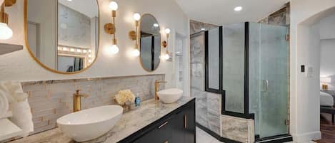 Shower, hair dryer, shampoo