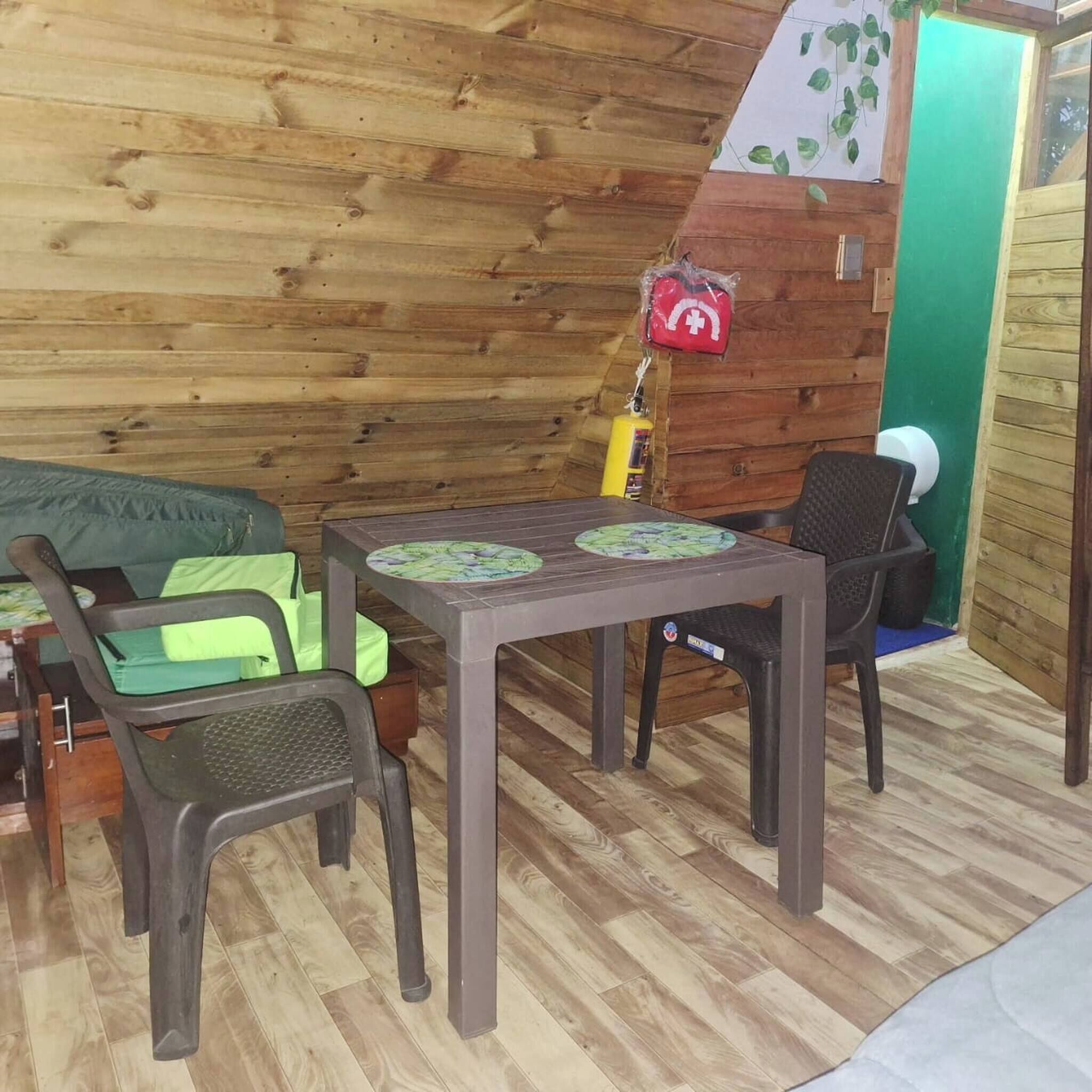 A wooden interior with a table, chairs, and a green wall with plants.