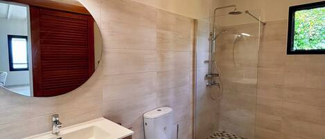 Shower, hair dryer, towels