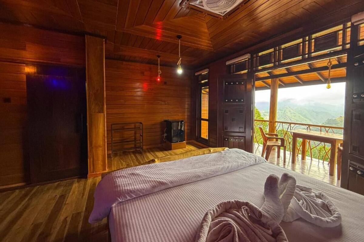 Een houten kamer met een bed, een raam met uitzicht en een plafondventilator.