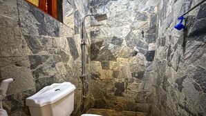 Une salle de bain avec un mur en pierre, des toilettes et une douche.