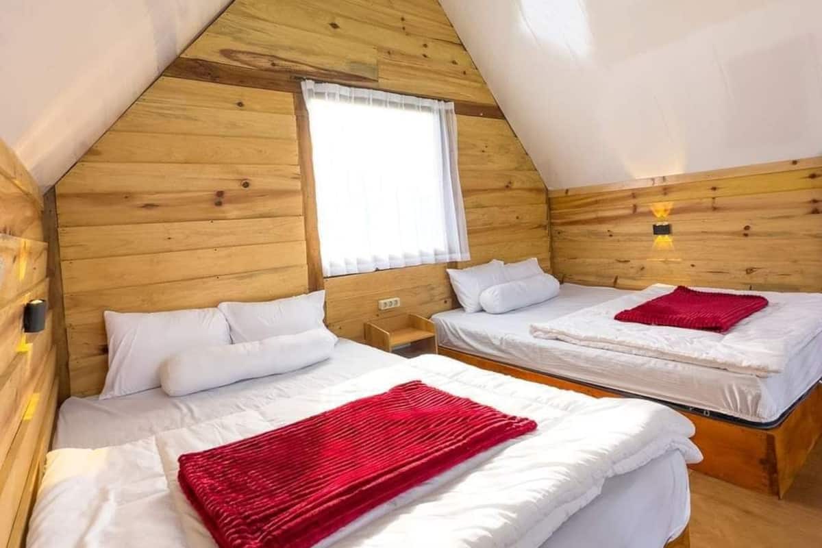 Una habitación con dos camas, paredes de madera, una ventana y una lámpara.