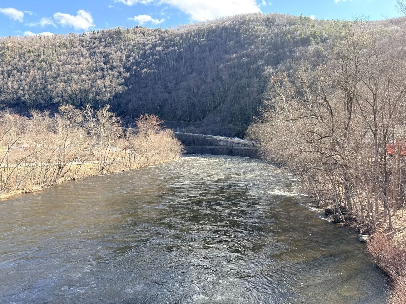 Une rivière traverse une vallée boisée, et on aperçoit un pont au loin.