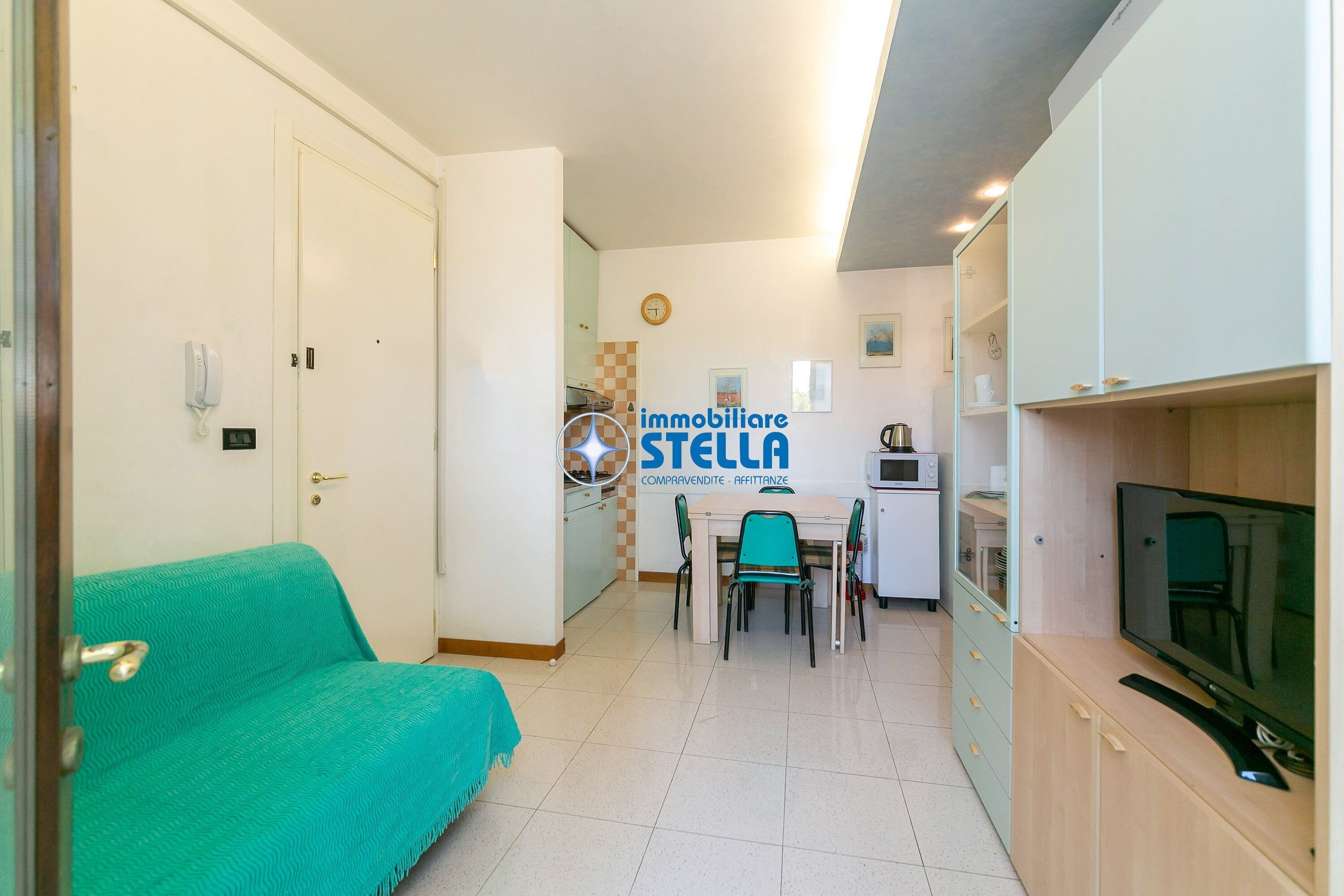 A compact living space with a sofa, a dining table with chairs, a kitchen area, and a television.