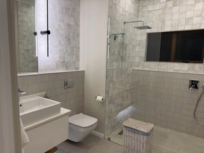 Shower, hair dryer, towels, toilet paper