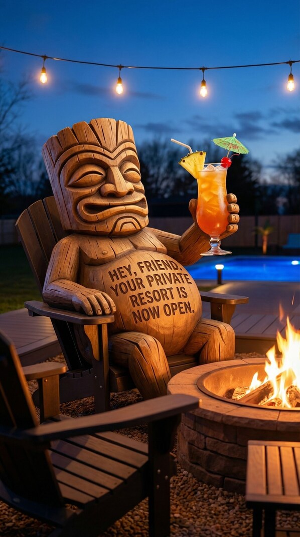 A wooden tiki statue with a message, a fire pit, and string lights in a resort setting.