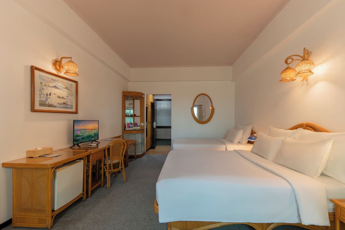 A hotel room with a bed, desk, chair, television, and a mirror.