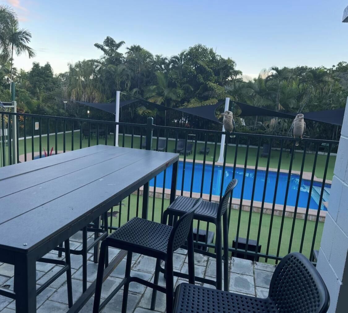 A patio with a pool, surrounded by a fence and greenery.