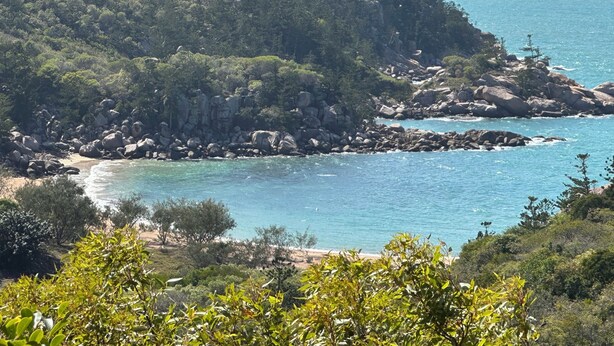 Eine Küstenlandschaft mit felsigem Gelände, dichter Vegetation und einem Strand.