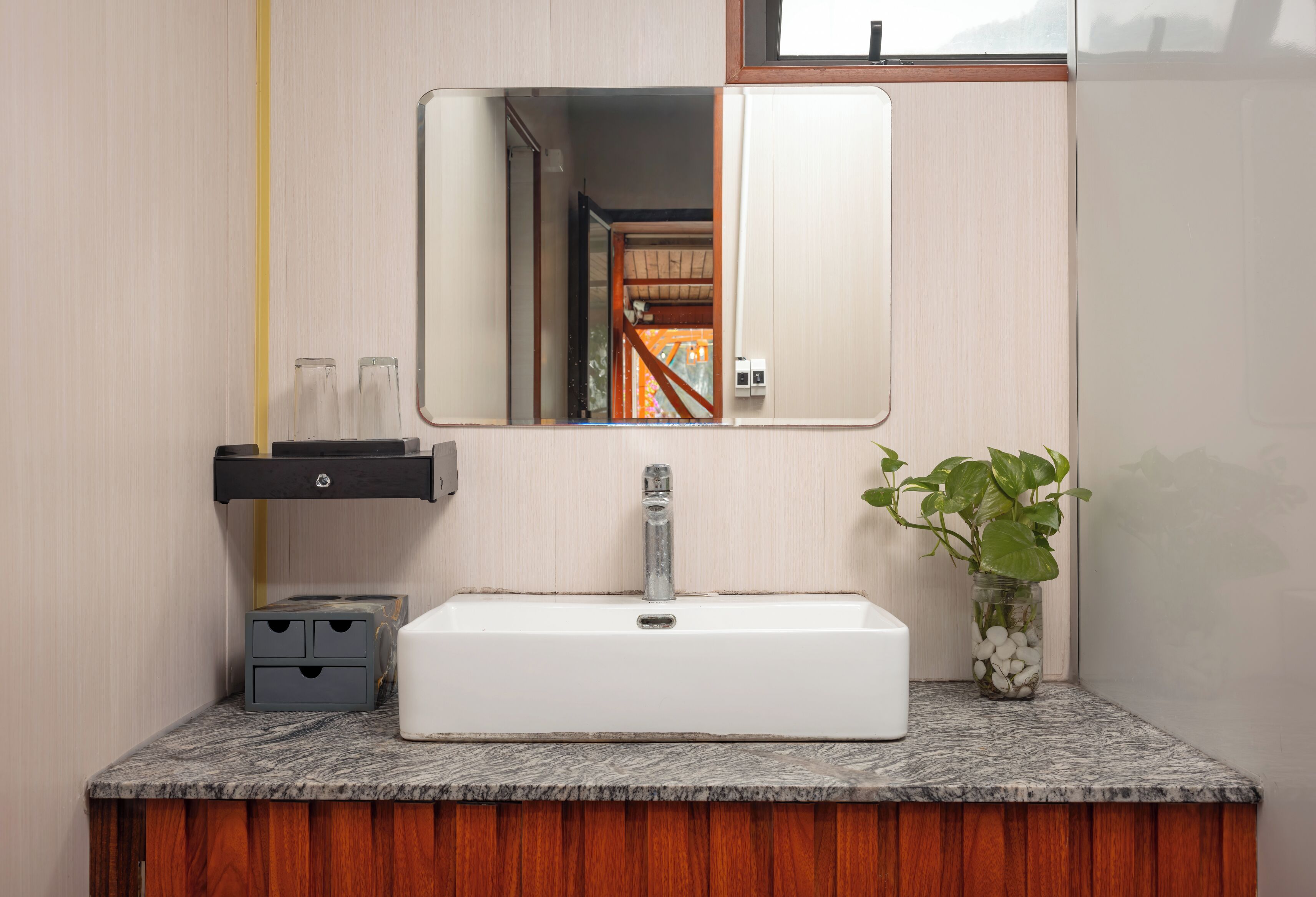 A bathroom with a white sink, a mirror, a wooden vanity, a small plant, and a cabinet with drawers.