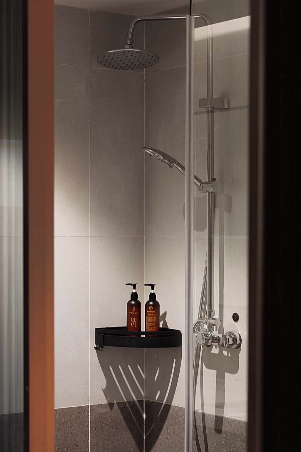 Une douche fermée par des parois en verre, dotée d’un pommeau de douche à main et d’un robinet fixé au mur.