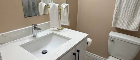 Hair dryer, towels, soap, toilet paper