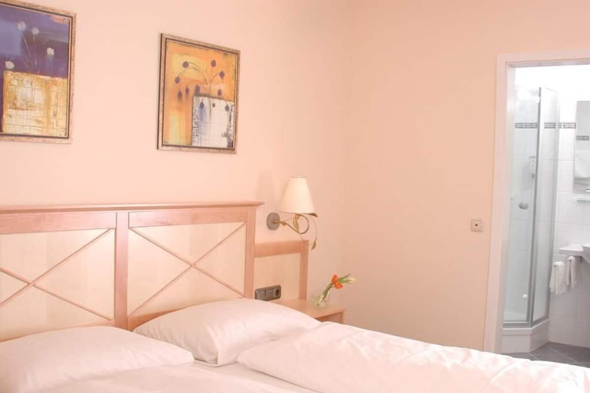A hotel room with a bed, a nightstand, a lamp, and a shower area.