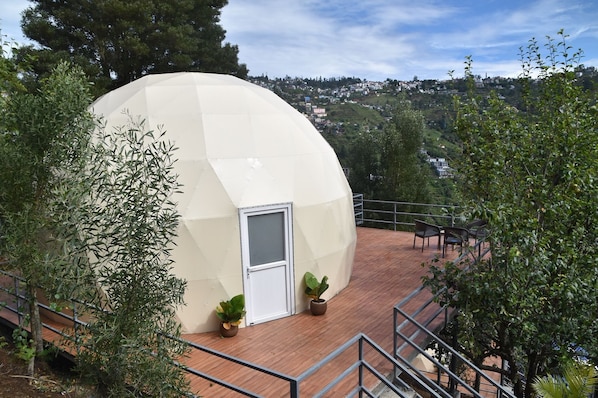 Une structure en forme de dôme géodésique, dotée d’une porte, entourée de plantes en pot, sur une terrasse en bois avec une rambarde, offrant une vue sur un paysage vallonné.