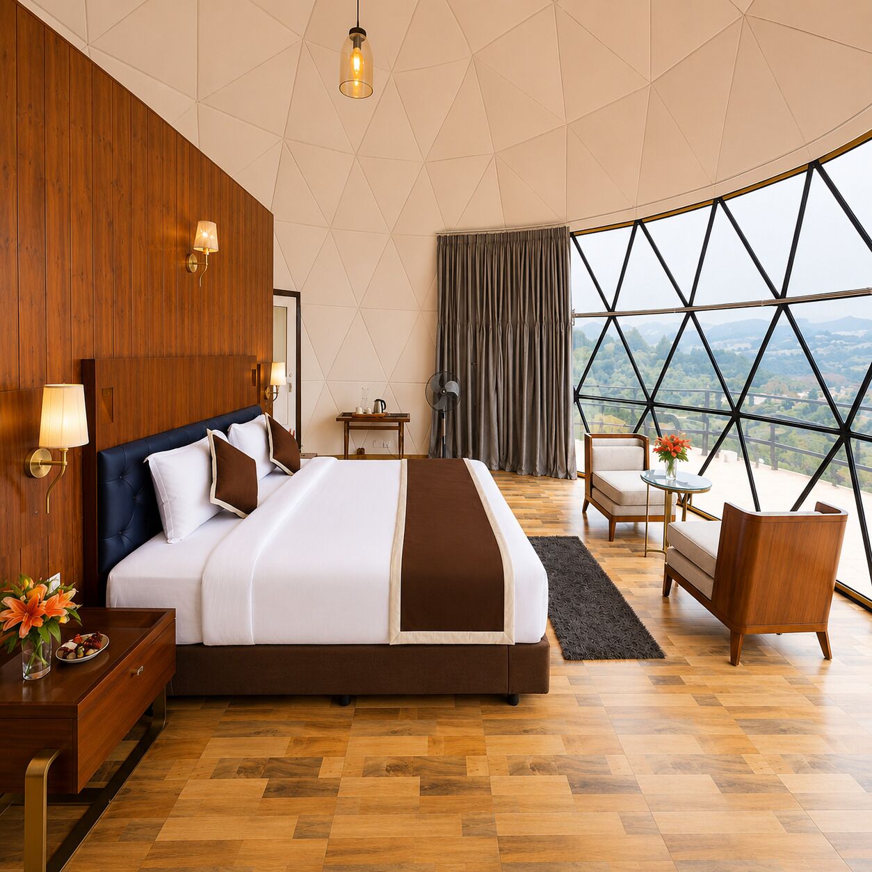A modern hotel room with a large bed, wooden panel walls, a view through a large window, and a small seating area.