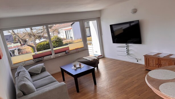 En moderne stue med sofa, sofabord, fjernsyn og et stort vindue.