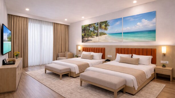 A hotel room with two beds, a desk, a TV, and a beach-themed wall mural. - Hotel Paragon Suites (New Delhi)