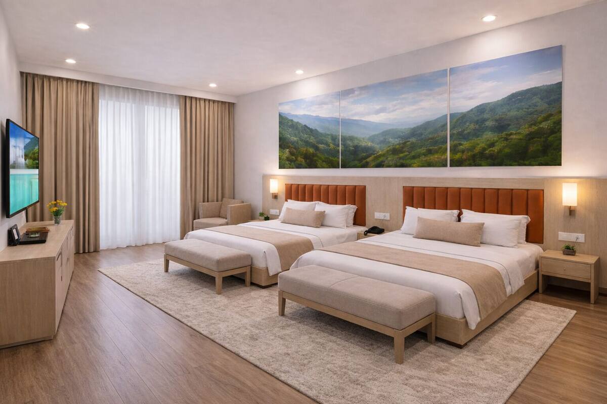 Ett hotellrum med två sängar, en TV, ett skrivbord och en stor tavla med ett landskapsmotiv.