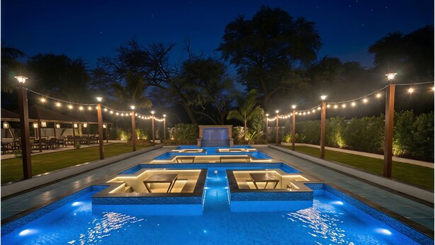 A swimming pool with multiple lanes and lounge areas, surrounded by string lights and trees. - Shree Agrawal Avenue (Ujjain)