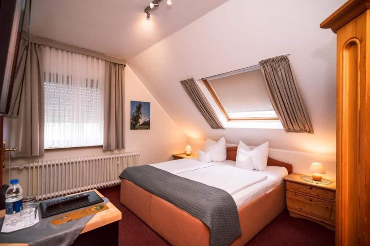 A hotel room with a bed, bedside tables, a desk with a chair, a radiator, a window with curtains, a skylight, and a wooden wardrobe.