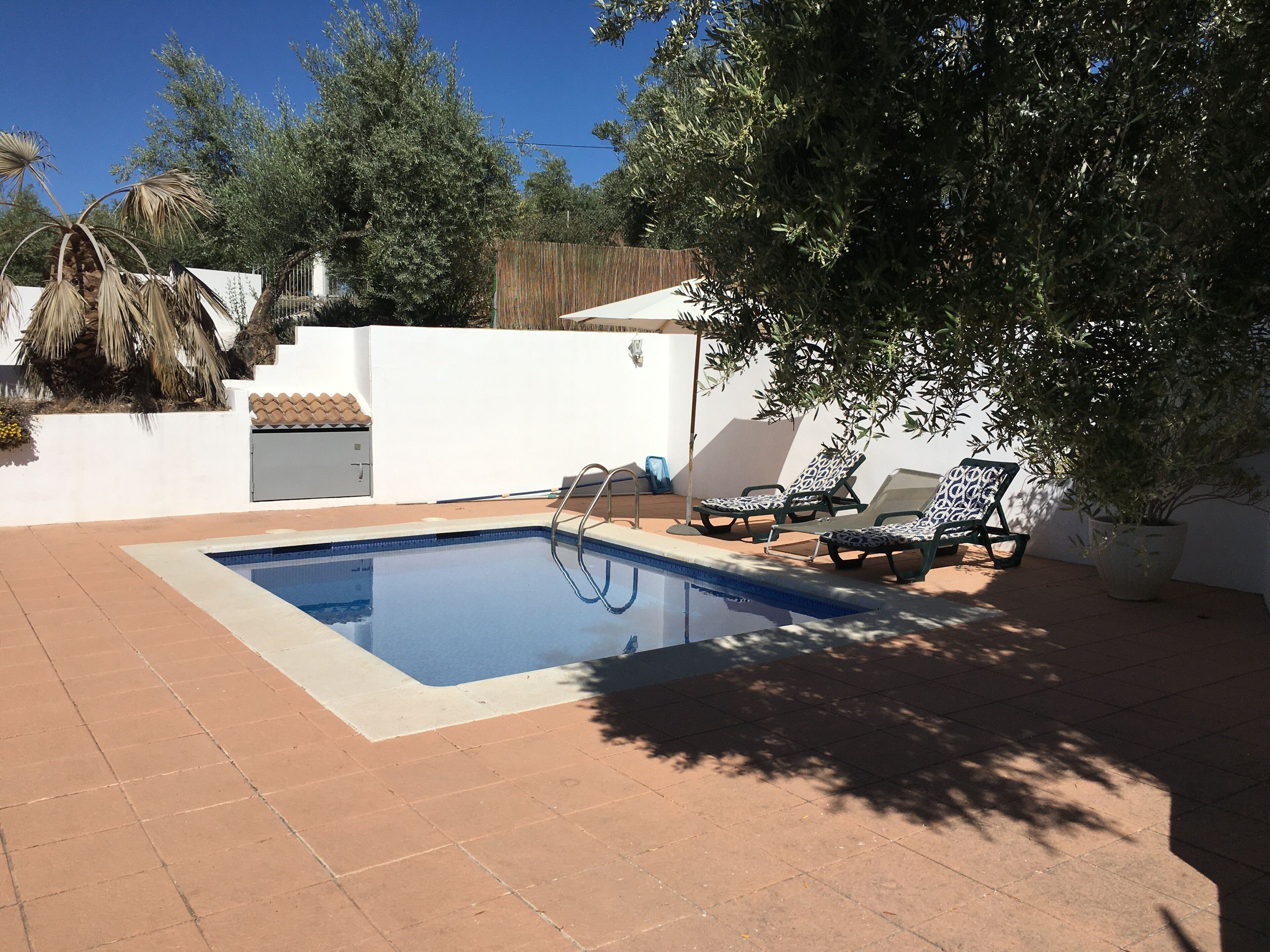 Une piscine avec un escalier, entourée d’une terrasse carrelée et de chaises longues.