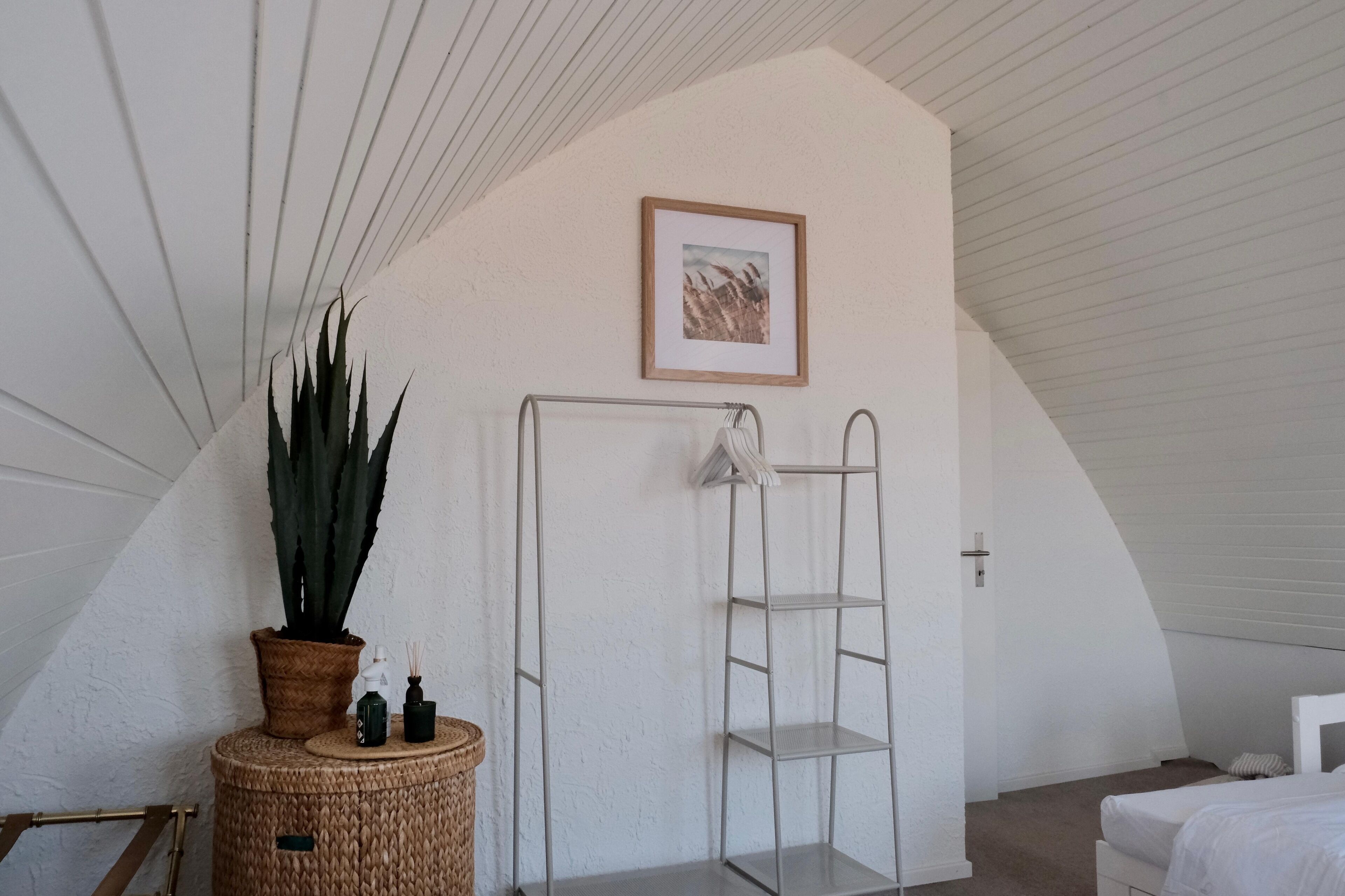 Une pièce avec un plafond blanc, un tableau encadré au mur, une étagère en métal, une plante en pot et un lit.
