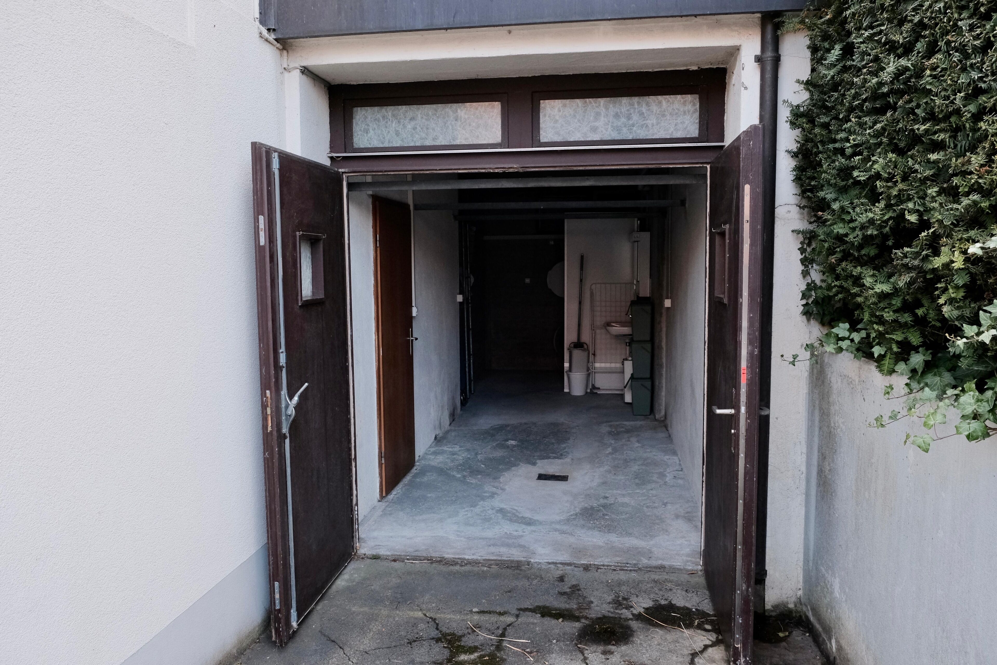Ein schmaler Flur, der zu einem Raum mit einer Tür, einem kleinen Mülleimer und einer Wand mit Kletterpflanzen führt.