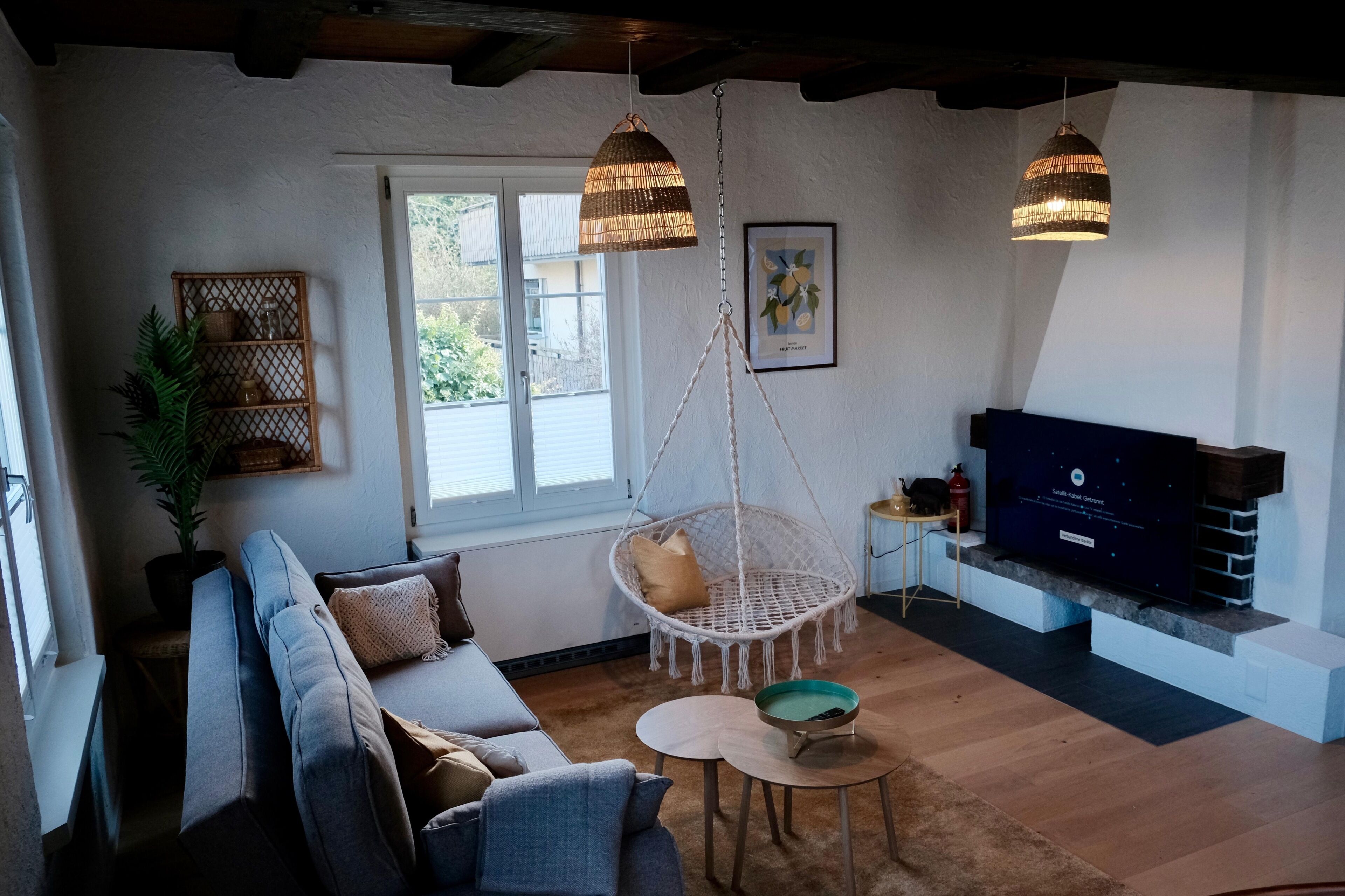 Una sala de estar con sofá, sillón colgante, televisor y chimenea.