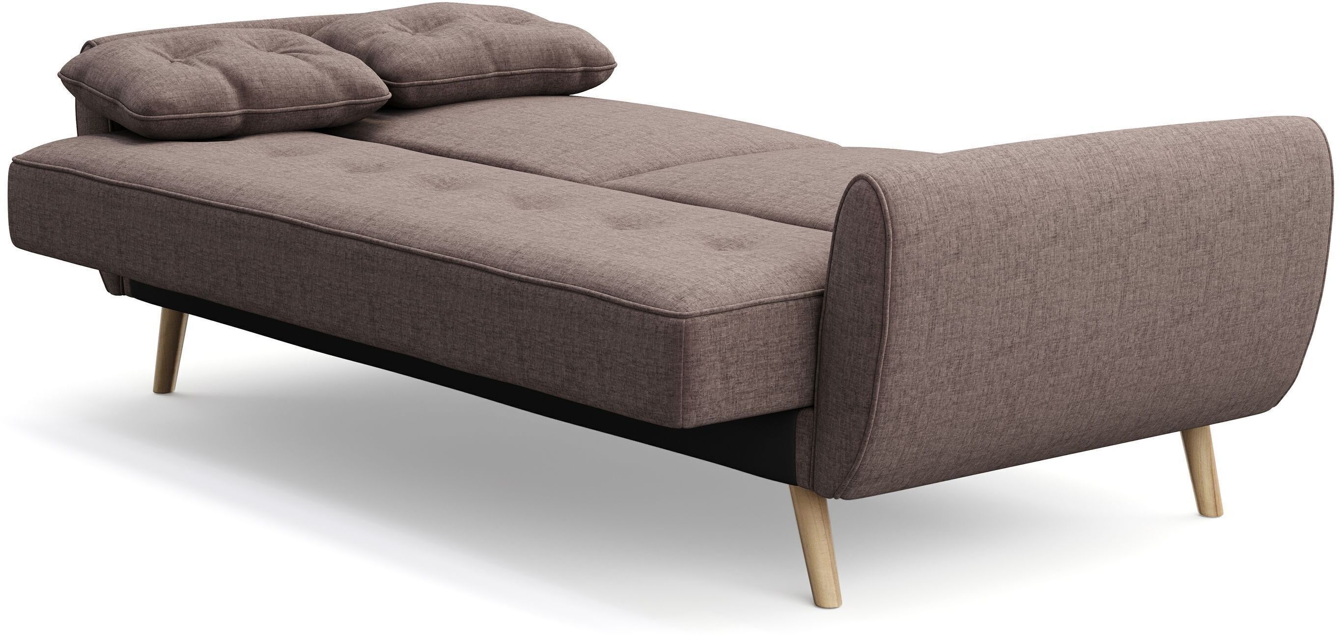 Ein modernes Sofa mit einer gesteppten Rückenlehne und Holzbeinen.