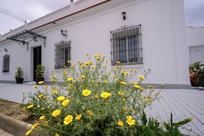 A white building with black window bars, a potted plant, and a flower bed with yellow flowers. - Hotel Boutique Alcazaba Salobreña (Salobreña)