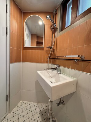 Ein Badezimmer mit einem weißen Waschbecken, einem Spiegel und einer Dusche.