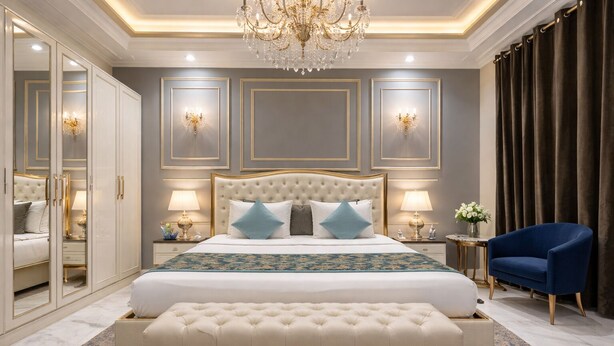 A bedroom with a tufted headboard, a large bed, a chest of drawers, a mirror, a chandelier, and a blue armchair. - WHITE & BLUE (New Delhi)