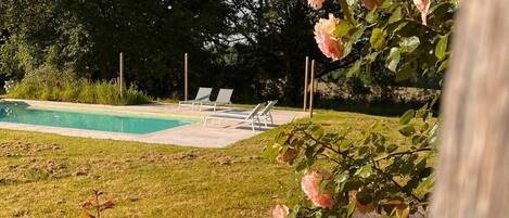 Un área de piscina con sillones reclinables, rodeada de follaje y plantas florecientes.