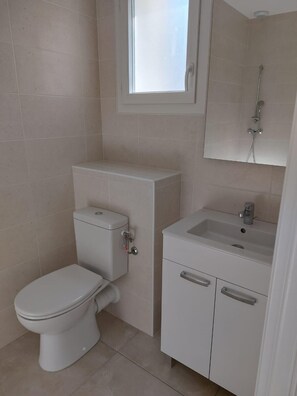 Regadera, secadora de cabello, toallas, papel de baño 